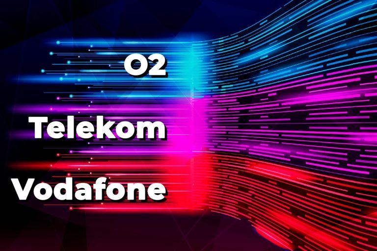 Logos der Mobilfunkanbieter O2, Telekom und Vodafone in einem bunten, dynamischen Design.