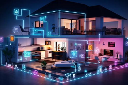 Moderne Smart-Home-Visualisierung mit verschiedenen vernetzten Geräten und Lichtakzenten.