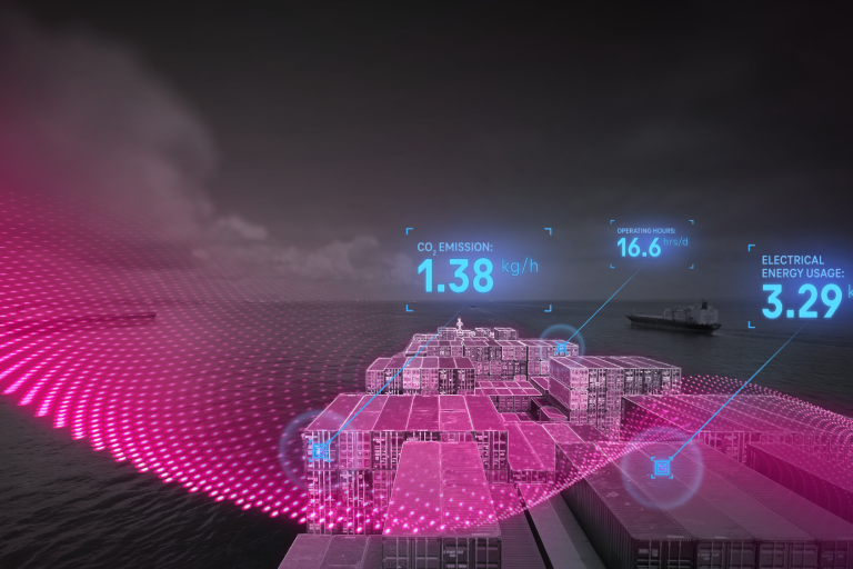 Darstellung eines futuristischen Hafens mit KI Datenvisualisierungen